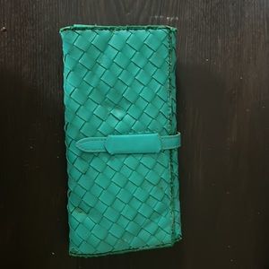 Bottega Veneta style blue tri-fold wallet